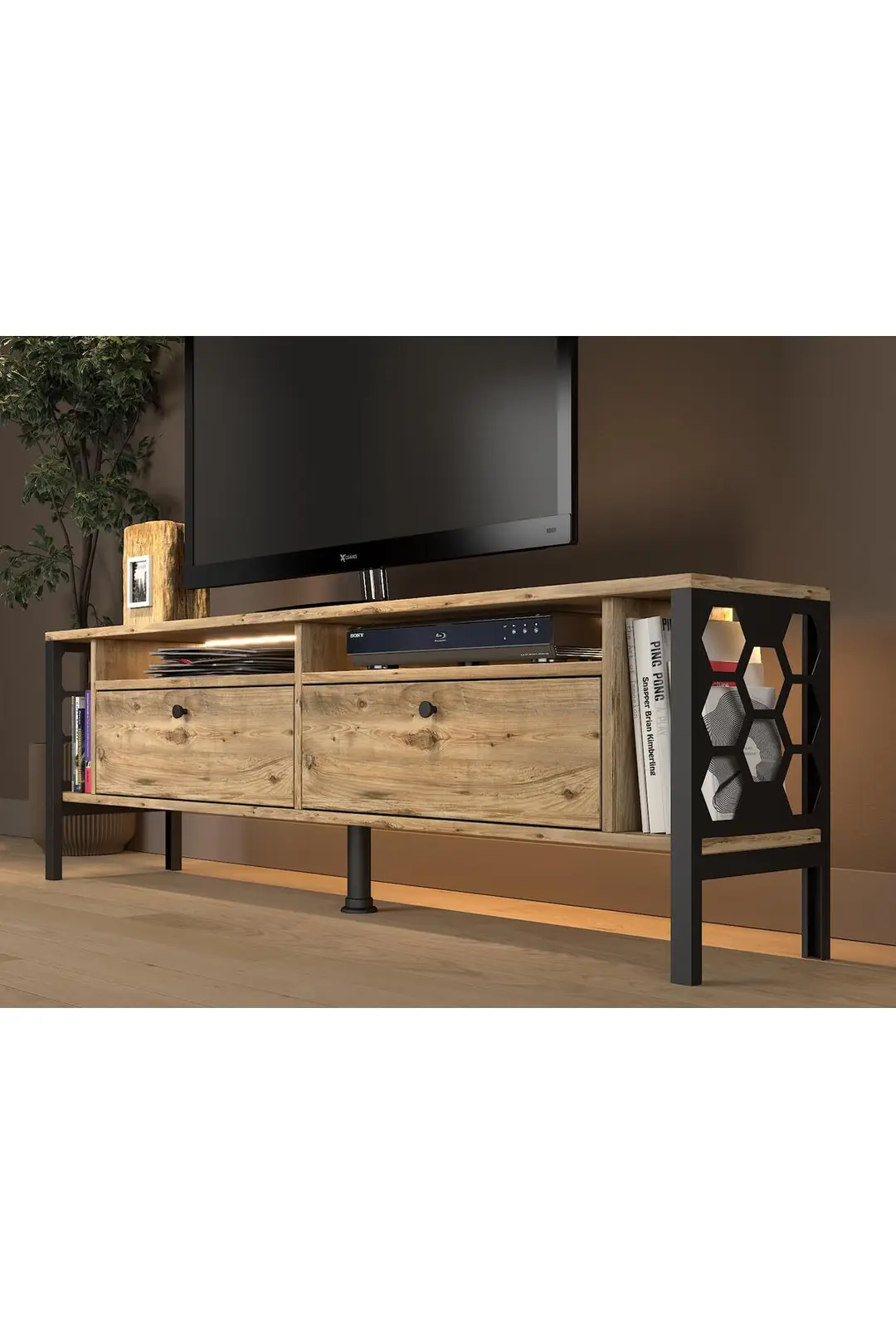 Roma Led Işıklı Özel Tasarım Metal Ayaklı Minifiksli Tv Ünitesi - Tv Sehpası 160 Cm